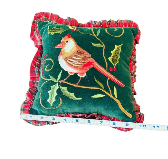 Vintage Cardinal Christmas Embroidered Throw Pillow Red Bird Ruffle - Picture 2 of 5